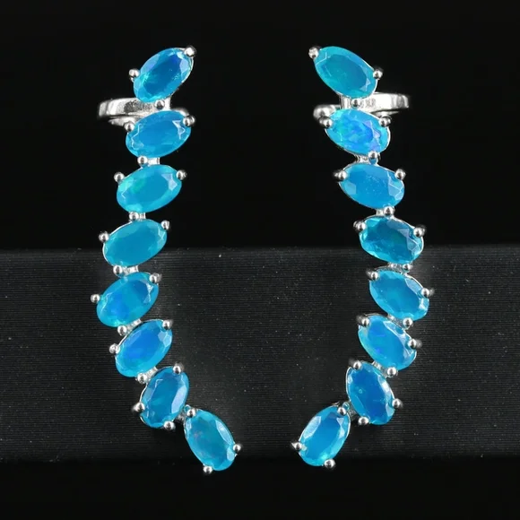 Genuine Opal .925 Sterling Silver Ear Climbers - Picture 1 of 4